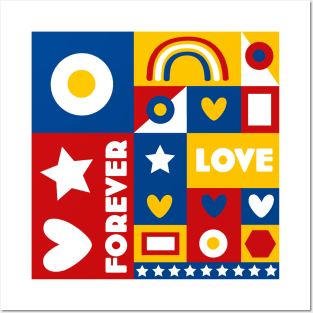 80s inspired Forever Love Pop Art Design - Red, Yellow, Blue and White by Rene Dauphine Posters and Art